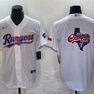 Men's Texas Rangers White 2023 World Series Champions Big Logo With Patch Cool Base Stitched Baseball Jersey