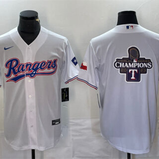 Men's Texas Rangers White 2023 World Series Champions Big Logo With Patch Cool Base Stitched Baseball Jerseys