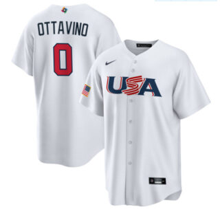 Men's USA Baseball #0 Adam Ottavino 2023 White World Baseball Classic Replica Stitched Jersey
