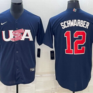Men's USA Baseball #12 Kyle Schwarber 2023 Navy World Baseball Classic Replica Stitched Jersey
