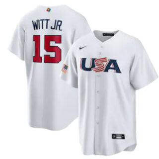 Men's USA Baseball #15 Bobby Witt Jr. 2023 White World Baseball Classic Replica Stitched Jersey