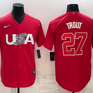 Men's USA Baseball #27 Mike Trout 2023 Red World Baseball Classic Stitched Jersey