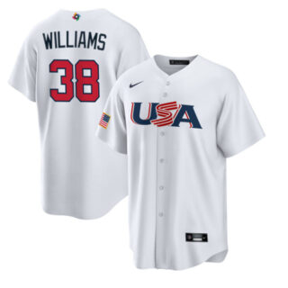 Men's USA Baseball #38 Devin Williams 2023 White World Baseball Classic Replica Stitched Jersey