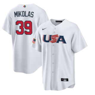 Men's USA Baseball #39 Miles Mikolas 2023 White World Baseball Classic Replica Stitched Jersey