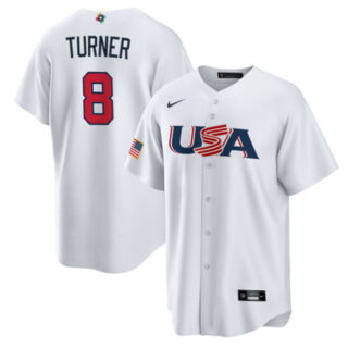 Men's USA Baseball #8 Trea Turner 2023 White World Baseball Classic Replica Stitched Jersey