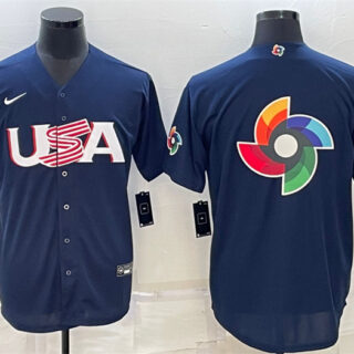 Men's USA Baseball Blank 2023 Navy World Baseball Big Logo With Patch Classic Replica Stitched Jersey