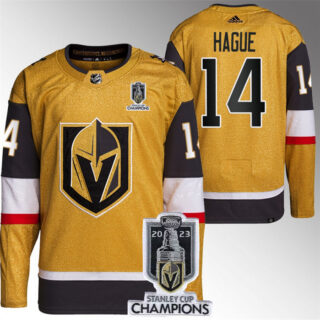 Men's Vegas Golden Knights #14 Nicolas Hague Gold 2023 Stanley Cup Champions Stitched Jersey