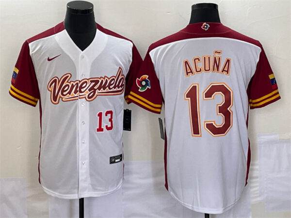 Men's Venezuela Baseball #13 Ronald Acuña Jr. 2023 White World Baseball Classic With Patch Stitched Jersey