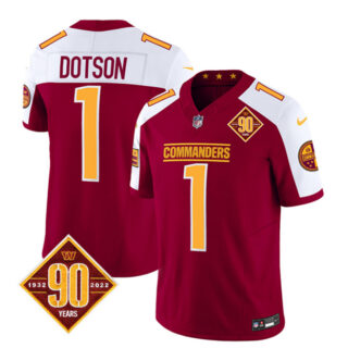 Men's Washington Commanders #1 Jahan Dotson Burgundy White 2023 F.U.S.E. 90th Anniversary Vapor Limited Stitched Football Jersey