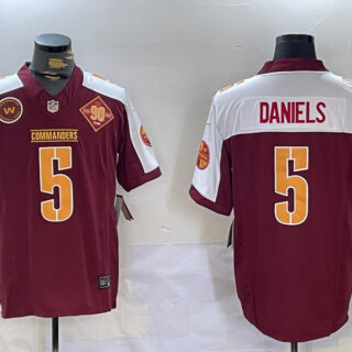 Men's Washington Commanders #5 Jayden Daniels Burgundy White 2023 F.U.S.E. 90th Anniversary Vapor Limited Stitched Football Jerseys