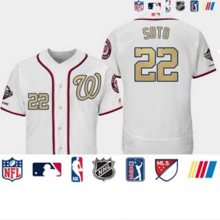 Men's Washington Nationals #22 Juan Soto 2019 World Series Champions White Gold Program Flex Base Jersey