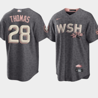 Men's Washington Nationals #28 Lane Thomas 2022 Grey City Connect Cherry Blossom Cool Base Stitched Jersey