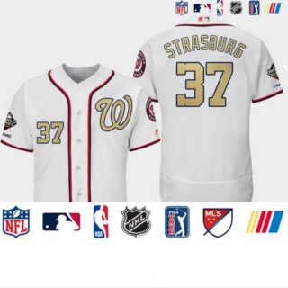 Men's Washington Nationals #37 Stephen Strasburg White Gold Program 2019 World Series Champions Flex Base Jersey