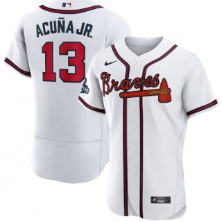 Men's White Atlanta Braves #13 Ronald Acuna Jr. 2021 World Series Champions Stitched Baseball Jersey