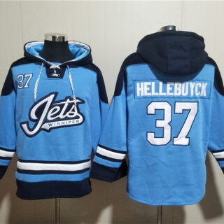 Men's Winnipeg Jets #37 Connor Hellebuyck Blue Lace-Up Pullover Hoodie