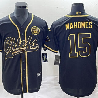 Men's Kansas City Chiefs #15 Patrick Mahomes Black Gold Cool Bae Stitched Baseball Jersey