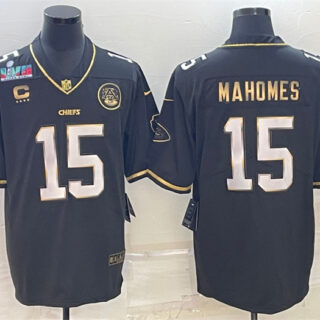 Men's Kansas City Chiefs #15 Patrick Mahomes Black Gold Super Bowl LVII Patch And 4-Star C Patch Vapor Untouchable Limited Stitched Jersey