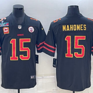 Men's Kansas City Chiefs #15 Patrick Mahomes Black Red Gold Super Bowl LVII Patch And 4-Star C Patch Vapor Untouchable Limited Stitched Jersey