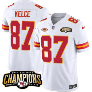 Men's Kansas City Chiefs #87 Travis Kelce White 2023 F.U.S.E. AFC West Champions With NKH Patch Vapor Untouchable Limited Stitched Jersey