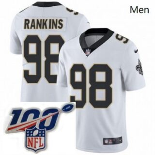Men's Nike New Orleans Saints 98 Sheldon Rankins White Vapor Untouchable Limited Stitched 100th anniversary Neck Patch NFL Jersey
