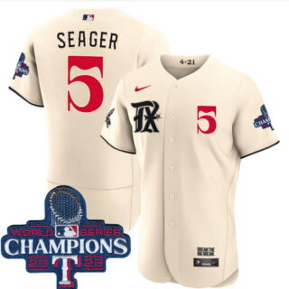 Men's Texas Rangers #5 Corey Seager Cream 2023 World Series Champions Stitched Baseball Jersey