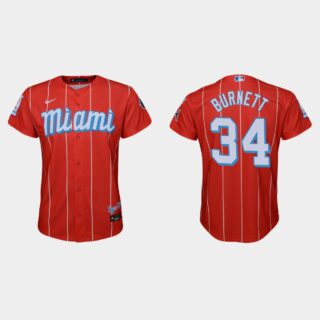 Miami Marlins #34 A.J. Burnett Youth Nike 2021 City Connect Authentic MLB Jersey Red
