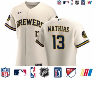 Milwaukee Brewers #13 Mark Mathias Men's Nike Cream Home 2020 Authentic Player MLB Jersey