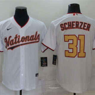 Nationals 31 Max Scherzer White Gold Nike 2020 Gold Program Cool Base Jersey