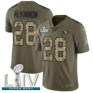 Nike 49ers #28 Jerick McKinnon Olive Camo Super Bowl LIV 2020 Men's Stitched NFL Limited 2017 Salute To Service Jersey