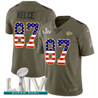 Nike Chiefs #87 Travis Kelce Olive USA Flag Super Bowl LIV 2020 Men's Stitched NFL Limited 2017 Salute To Service Jersey