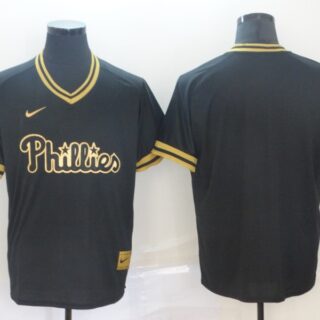 Phillies Blank Black Gold Nike Cooperstown Collection Legend V Neck Jersey