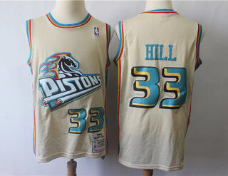 Pistons 33 Grant Hill Cream Hardwood Classics Jersey