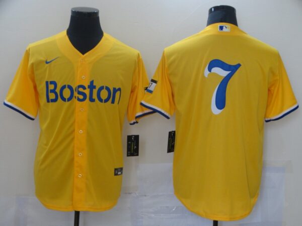 Red Sox 7 Gold Nike 2021 City Connect Replica Player Cool Base Jersey