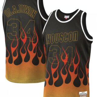 Rockets 34 Hakeem Olajuwon Black 1993-94 Hardwood Classics Flames Swingman Jersey