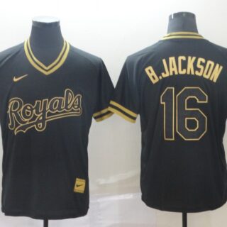 Royals 16 Bo Jackson Black Gold Nike Cooperstown Collection Legend V Neck Jersey