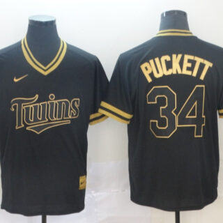Twins 34 Kirby Puckett Black Gold Nike Cooperstown Collection Legend V Neck Jersey