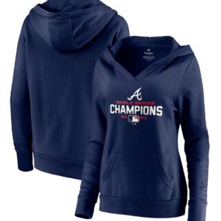 Women's Atlanta Braves 2021 Navy World Series Champions Crossover Neck Pullover Hoodie(Run Small)