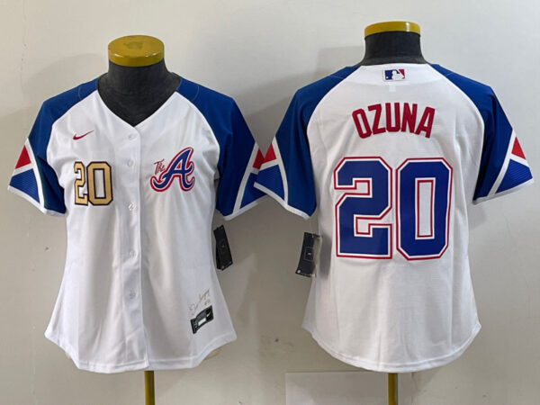 Women's Atlanta Braves #20 Marcell Ozuna White 2023 City Connect Stitched Baseball Jersey(Run Small)