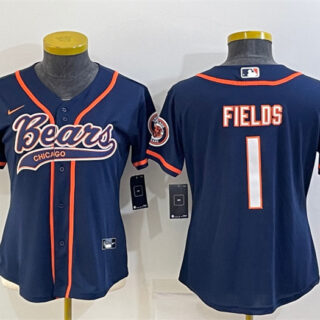 Women's Chicago Bears #1 Justin Fields Navy With Patch Cool Base Stitched Baseball Jersey(Run Small)