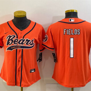Women's Chicago Bears #1 Justin Fields Orange With Patch Cool Base Stitched Baseball Jersey(Run Small)
