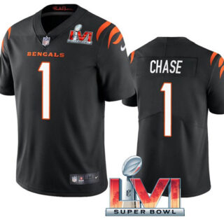 Women's Cincinnati Bengals #1 Ja'Marr Chase 2022 Black Super Bowl LVI Vapor Limited Stitched Jersey