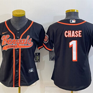Women's Cincinnati Bengals #1 Ja'Marr Chase Black With Patch Cool Base Stitched Baseball Jersey(Run Small)
