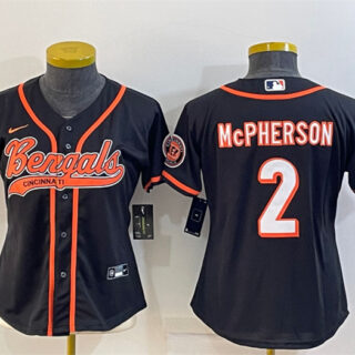 Women's Cincinnati Bengals #2 Evan McPherson Black With Patch Cool Base Stitched Baseball Jersey(Run Small)