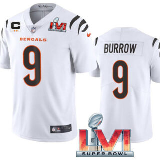 Women's Cincinnati Bengals #9 Joe Burrow 2022 White With C Patch Super Bowl LVI Vapor Limited Stitched Jersey