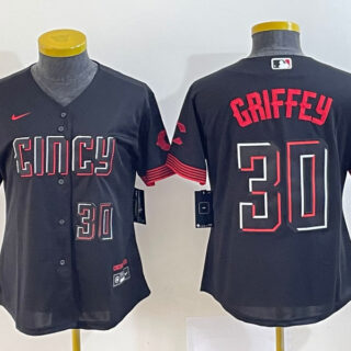 Women's Cincinnati Reds #30 Ken Griffey Jr. Black 2023 City Connect With Patch Stitched Baseball Jersey(Run Small)