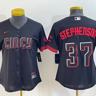 Women's Cincinnati Reds #37 Tyler Stephenson Black 2023 City Connect Stitched Baseball Jersey(Run Small)