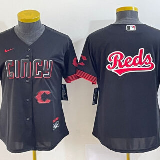 Women's Cincinnati Reds Black Team Big Logo 2023 City Connect With Patch Stitched Baseball Jersey(Run Small)
