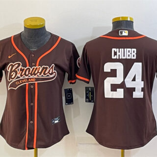 Women's Cleveland Browns #24 Nick Chubb Brown With Patch Cool Base Stitched Baseball Jersey(Run Small)