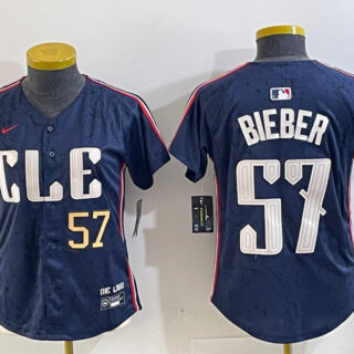 Women's Cleveland Guardians #57 Shane Bieber Navy 2024 City Connect Limited Stitched Baseball Jersey