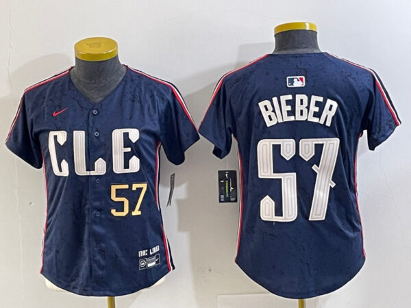Women's Cleveland Guardians #57 Shane Bieber Navy 2024 City Connect Limited Stitched Baseball Jersey